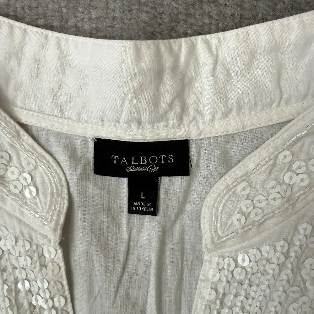 Talbots Blouse Womens Large White Sequin V Neck 3/4 Sleeve Tunic Top Cotton - Picture 4 of 9